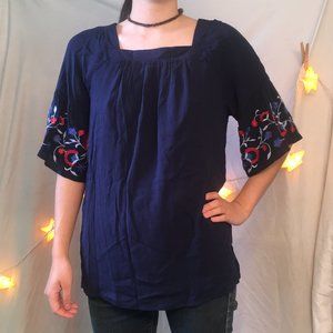 Westbound Navy Blue Embroidered Peasant Blouse